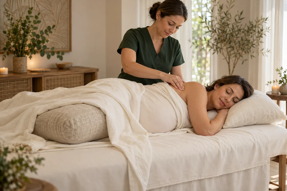 A guest resting on her side with supportive pillows during a prenatal shoulder massage