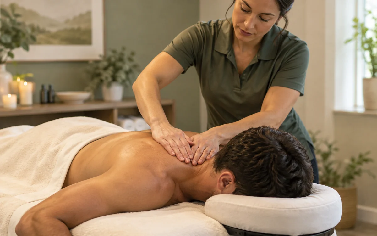 Illustrative Sports Massage treatment showing focused shoulder and upper-back work for an active adult