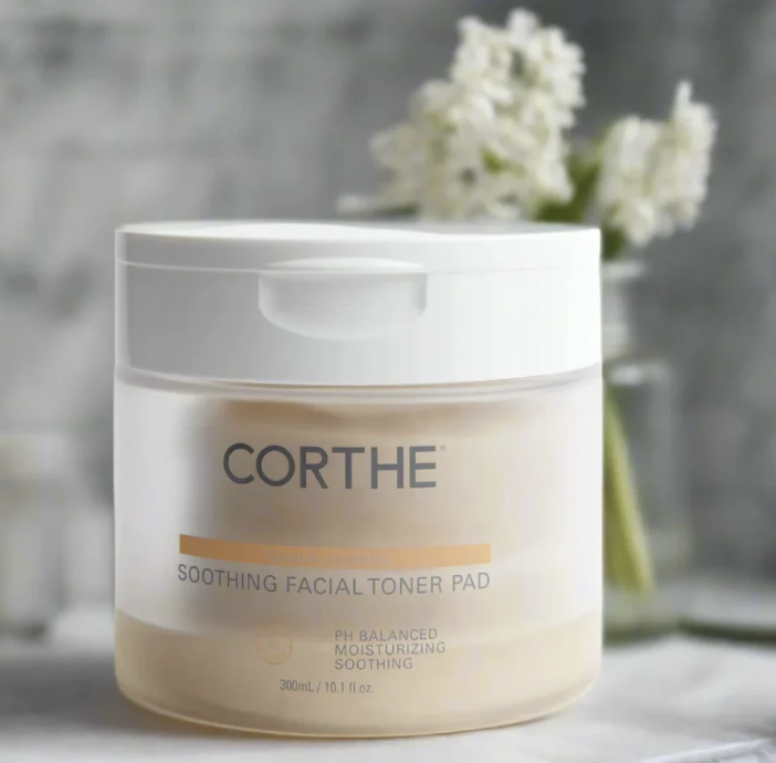 CORTHE Soothing Facial Toner Pad used in professional facial services in Kennesaw, GA to balance, moisturize, and calm sensitive skin.